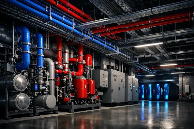 A coordinated Scan to BIM model of a data centre MEP plantroom — new pipework and cooling units designed precisely around verified existing conditions.