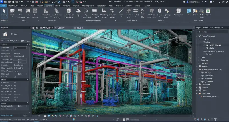 Autodesk Revit workspace showing a BIM model being traced over a dense imported point cloud of an existing MEP plantroom.