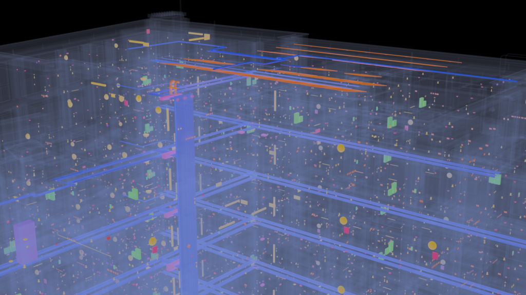 High-level containment and service route coordination inside the Ironworks Dublin electrical BIM model, by Trident BIM