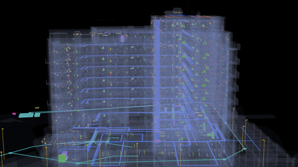 Ground and podium level electrical distribution in the Ironworks Dublin BIM model, with site cabling and lighting columns, by Trident BIM