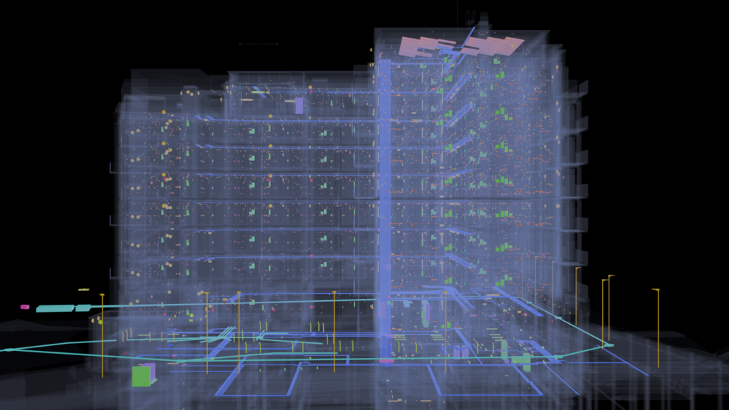 Elevation of the Ironworks Dublin electrical BIM model showing the full-height riser core and per-floor branch containment, by Trident BIM