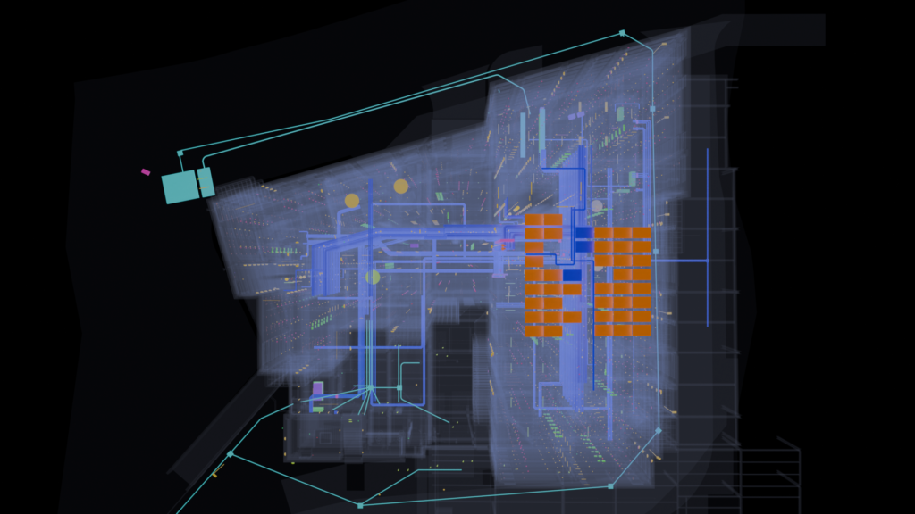 Roof plan of the Ironworks Dublin electrical BIM model showing the photovoltaic array and perimeter site cabling, by Trident BIM