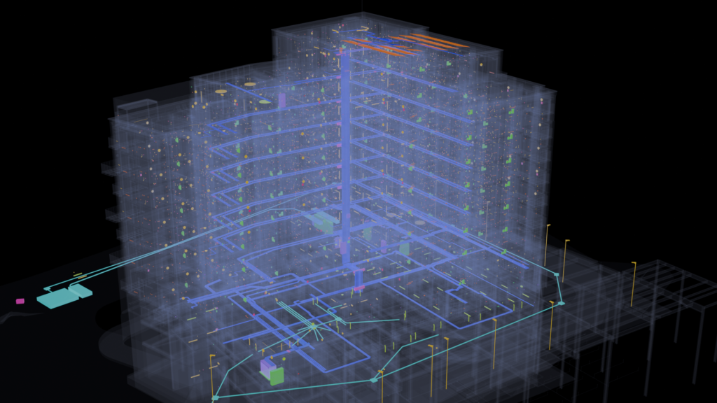 Ironworks Dublin electrical BIM model showing roof-mounted panels, external site cabling and lighting columns, by Trident BIM
