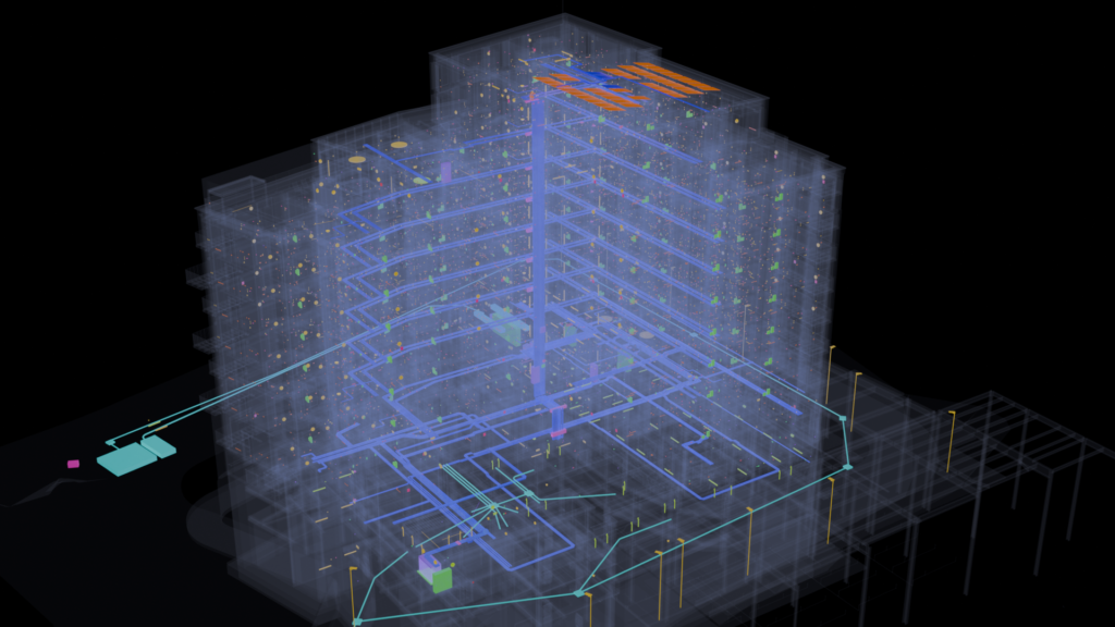 Rooftop photovoltaic array and riser core in the Ironworks Dublin electrical BIM model by Trident BIM