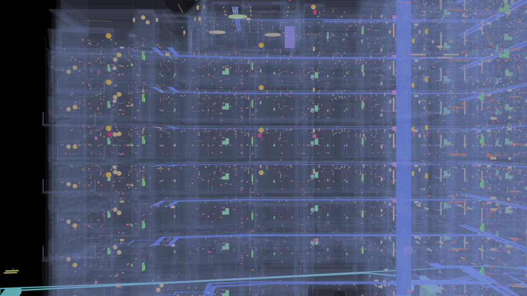 Cutaway through stacked apartment floors of the Ironworks Dublin electrical BIM model showing luminaires, distribution boards and containment, by Trident BIM