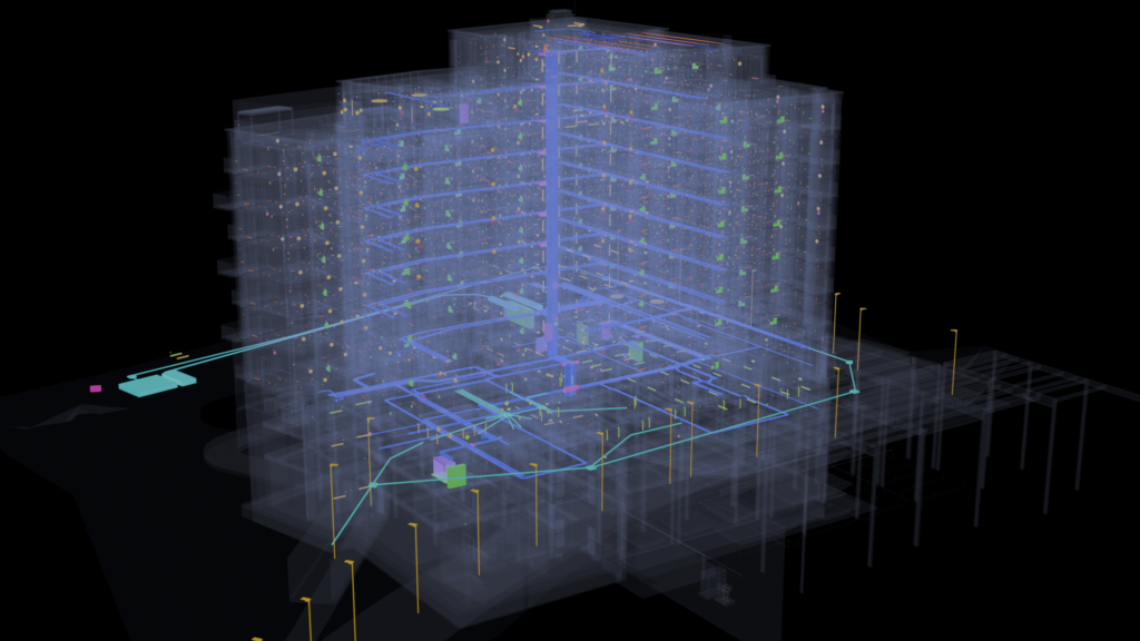 Electrical BIM model of the Ironworks residential building in Dublin, showing floor-by-floor cable containment and the central riser, by Trident BIM