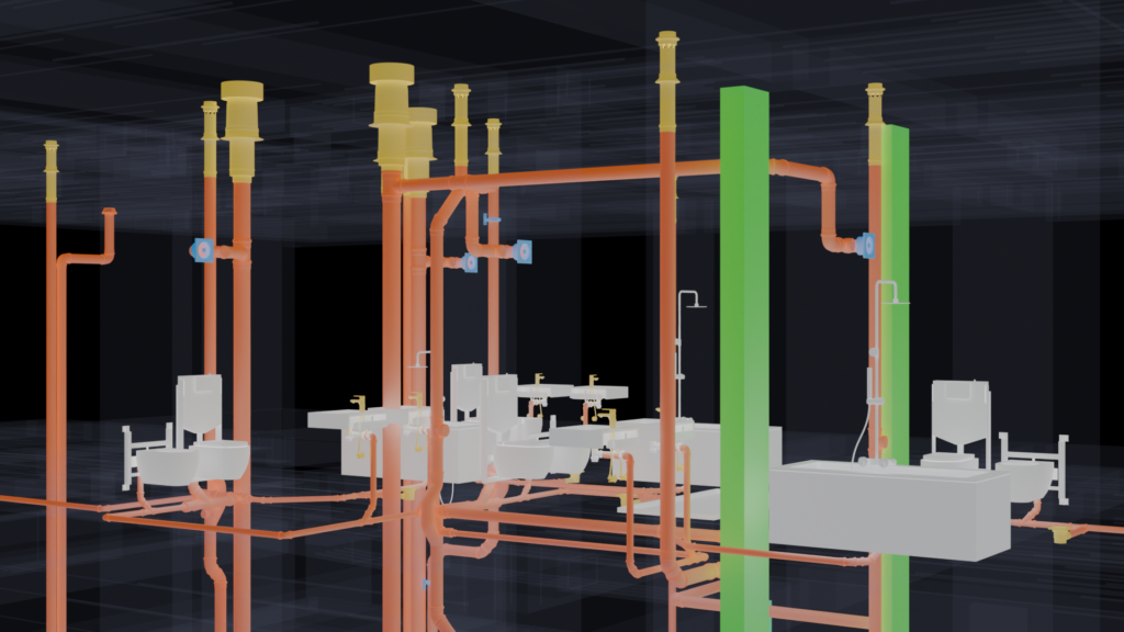 Bathroom group hot, cold and waste connections in the RIVA Italy public health BIM model, by Trident BIM
