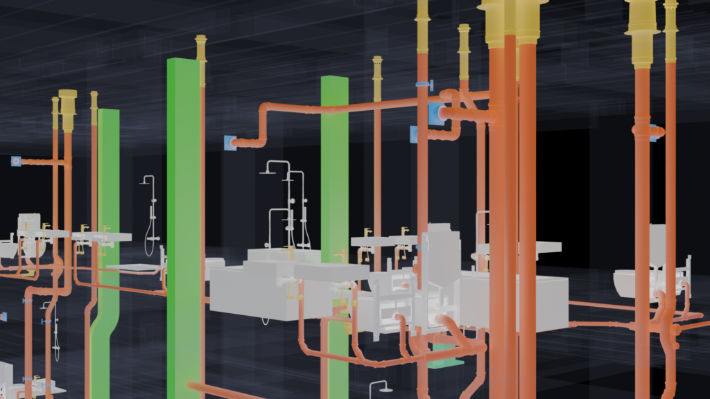 Detail of copper water pipework, soil stacks and air admittance valves in the RIVA Italy public health BIM model, by Trident BIM