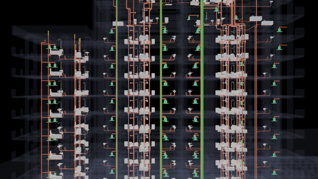 Riser coordination in the RIVA Italy public health BIM model, showing soil stacks and water risers past stacked wet rooms, by Trident BIM