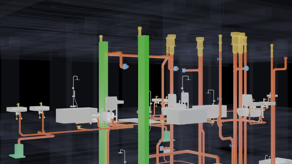 Sanitaryware connection detail with concealed cisterns and isolation valves in the RIVA Italy public health BIM model, by Trident BIM