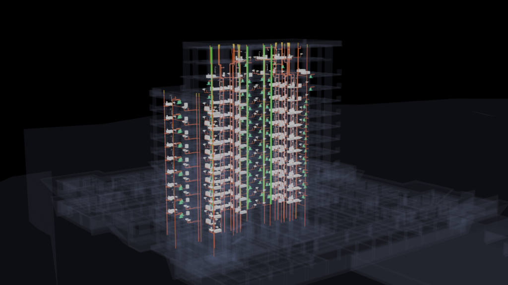 RIVA Italy public health BIM model shown in building and podium context, by Trident BIM