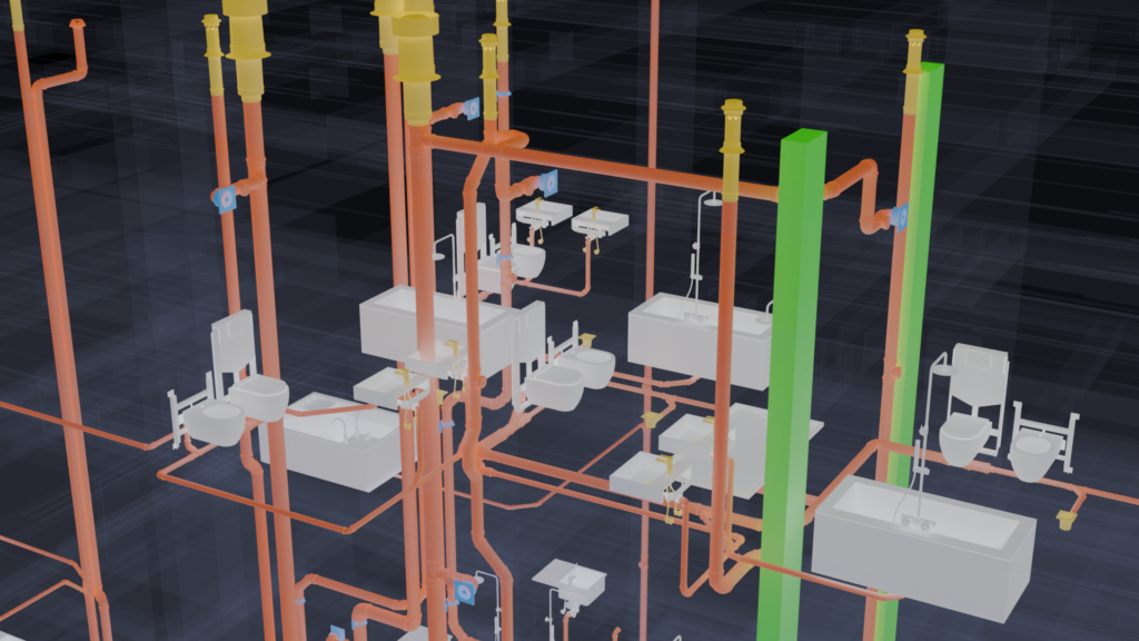 Elevated view of a multi-apartment wet-room cluster in the RIVA Italy public health BIM model, by Trident BIM