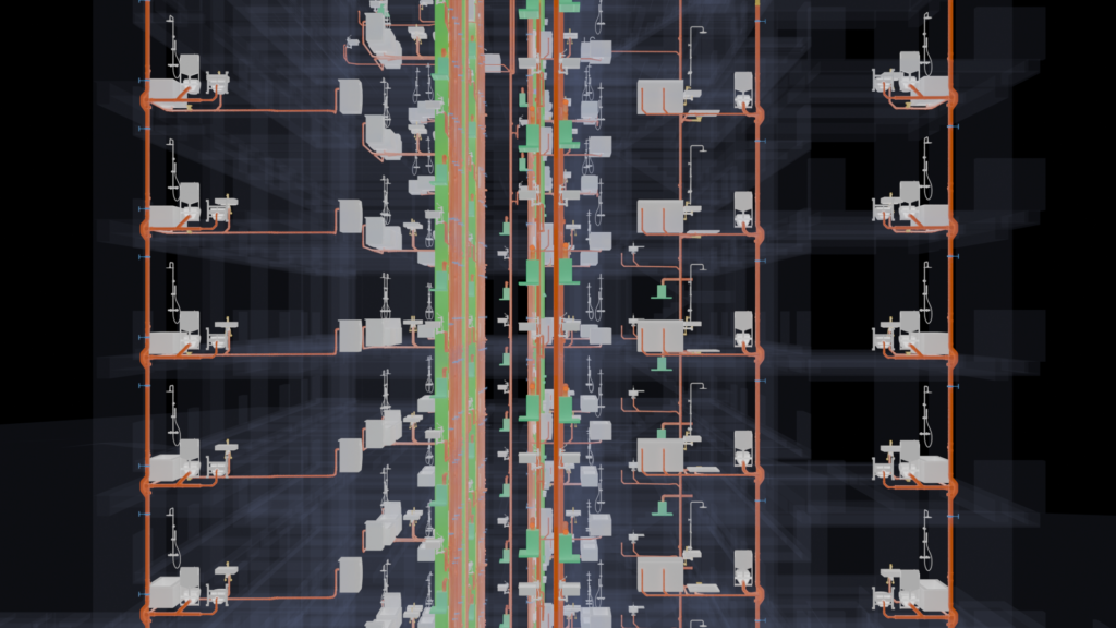 Stacked bathroom and kitchen groups with branch pipework in the RIVA Italy public health BIM model, by Trident BIM