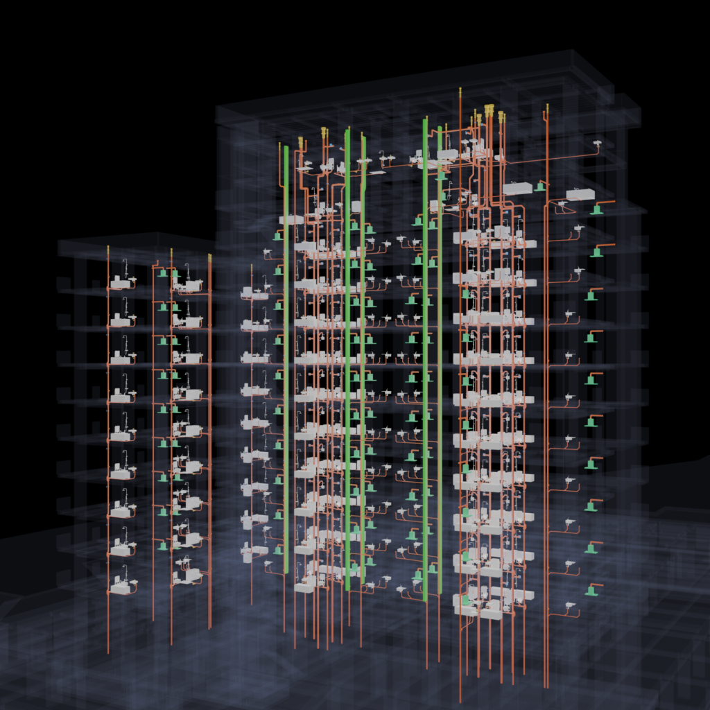 Public health BIM model of the RIVA residential building in Italy showing full-height water risers, soil stacks and sanitaryware, by Trident BIM